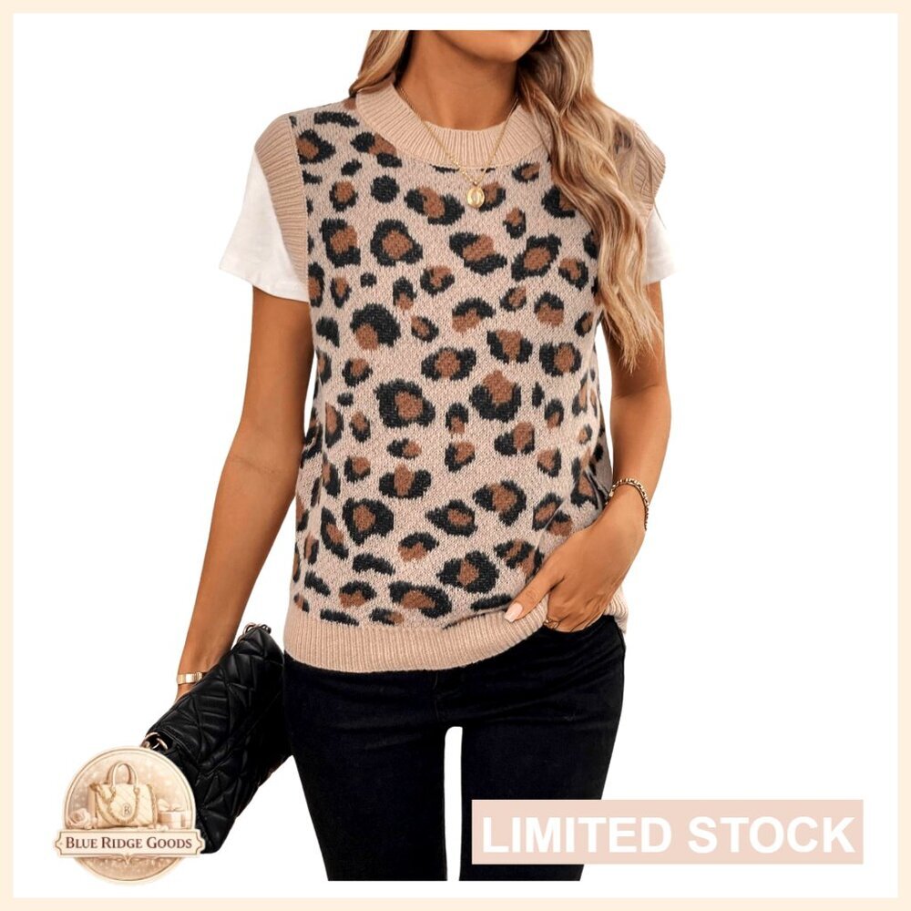 Leopard Print Sweater Vest Crewneck Sleeveless Knitted Pullover Top